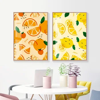 Karikatūra Citronu, Apelsīnu, Kivi, Sienu Mākslas Svaigi Augļi Kanvas Glezna Plakāti Un Izdrukas Dekoratīvu Attēlu Virtuves Ēdamistabas