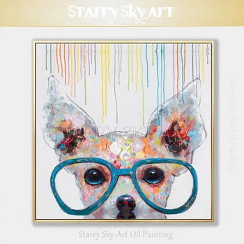 Smieklīgi Dizaina Pop Art Suns Eļļas Glezna Mākslinieka Roku apgleznotas Mūsdienu Tēlotājas Mākslas Suns Krāsošana Dzīvnieku, Suņu, kuriem ir Lielas Glāzes Eļļas Glezna