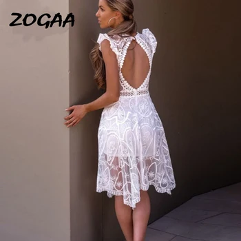ZOGAA 2019 Vasaras Balta Mežģīņu Kleita bez Piedurknēm Backless V Kakla Skatīt, Izmantojot Pārredzamas Melnā Seksīgā Pludmales Kleita Drēbes Femme omighty