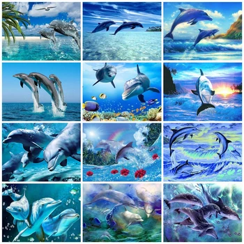 EverShine Dimanta Mozaīkas Delfīnu Pilnu Kvadrātveida Dimanta Izšuvumi Dzīvniekiem Cross Stitch Mozaīkas Mākslas Ainu Rhinestones Mājas Dekoru