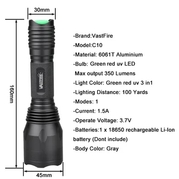 C10 Ultra Bright LED Medību kabatas Lukturītis 1 Režīmā Zaļa/Sarkana/UV Gaismas 3 Krāsas 1 Taktiskais kabatas Lukturīti, lai 18650 Akumulatoru