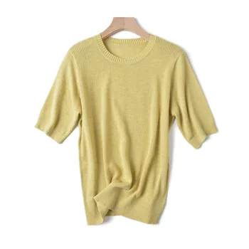 HLBCBG pavasara adīt T Krekls ar Īsām Piedurknēm Sievietēm vasarā brīvs o-veida kakla T Krekls šiks vienkrāsainu Pamata t-krekls, t-veida Krekls Sieviešu tops