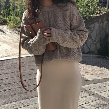Svešzemju Kitty Elegants Saldās Trikotāžas Stilīgs 2019 Vaļīgi Savītas Puloveri Studentiem Vintage Sieviešu Topi Visu Maču Ciets Mīksto Džemperi