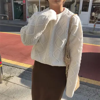 Svešzemju Kitty Elegants Saldās Trikotāžas Stilīgs 2019 Vaļīgi Savītas Puloveri Studentiem Vintage Sieviešu Topi Visu Maču Ciets Mīksto Džemperi
