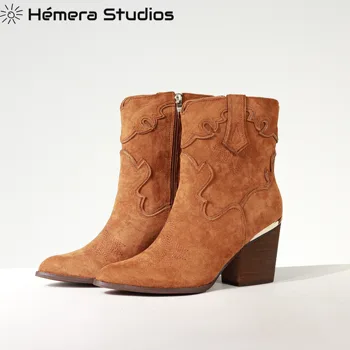 Hemera Studios kovboju zābaki sieviešu 2020 ziemas zābaki camperas ar rāvējslēdzēju papēža jauna kolekcija
