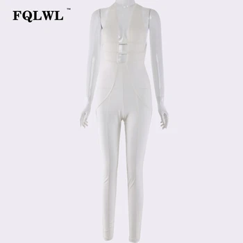 FQLWL Elegants Bodycon Pārsējs Sexy Sieviešu Jumpsuit V Kakla Dobi No Backless Baltos Kombinezonus Sieviešu Jumpsuit Sieviešu Playsuit
