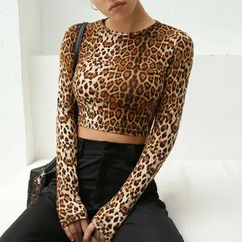 Modes Sievietes Ar Garām Piedurknēm Leopards Drukāt Dāmas Krekls Sexy Kokteilis Clubwear Topi