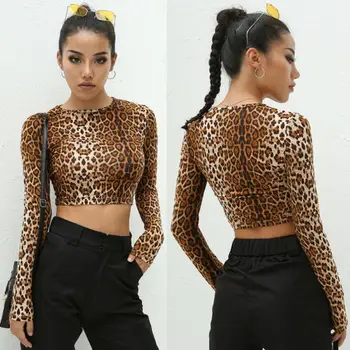Modes Sievietes Ar Garām Piedurknēm Leopards Drukāt Dāmas Krekls Sexy Kokteilis Clubwear Topi