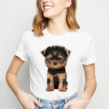 Burvīga jorki suns iespiests t sievietēm kawaii dzīvnieku print t-veida krekls sieviete baltā pasūtījuma t kreklu, t-krekli, topi apģērbi
