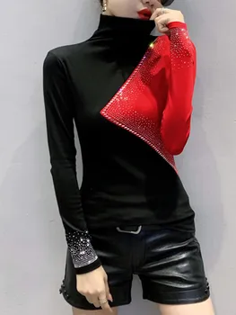 Pavasarī, Rudenī korejiešu Stilā, T-Kreklu Šiks Seksīgs Kontrasts, Krāsa, Mirdzoši Dimanti Sieviešu Kokvilnas Topi Ropa Mujer garām Piedurknēm Tees T00406A
