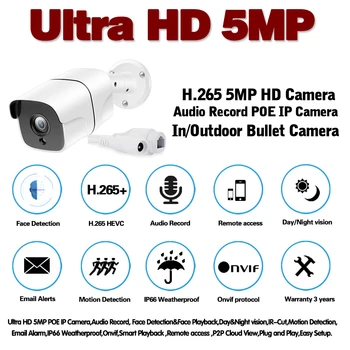 Sejas Ierakstīt Audio PoE IP Kamera 5MP 2592*1944 HD Āra Ūdensizturīgs Centrālās 40m Nakts Redzamības Drošības Video Novērošanas Kameras