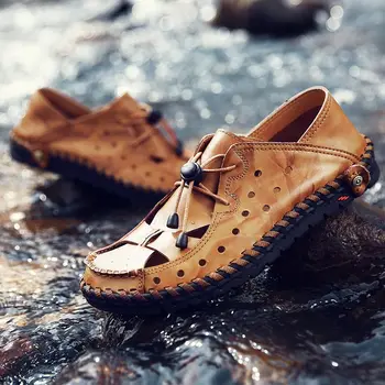 Vasaras sandales vīrieši ir 2021. jaunas ielidošanas īstas ādas beach vīriešiem kurpes tīrtoņa krāsu mežģīnes-up cilvēks apavi gadījuma āra vīriešu sandales