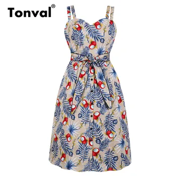 Tonval Vintage Vienu Krūtīm, Zaļā Botāniskais Drukāt Eleganta Kleita Sievietēm Kabatas Pusē Tie Tunika Spageti Siksnas Augsts Viduklis Kleita