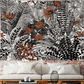 Nordic Style macrame gobelēns Sienas Karājas ziedu, tropisko augu sienas paklāju skices ziedu Sienas Karājas melns retro mājas audums