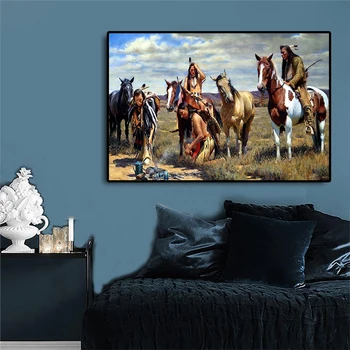 Native Indijas Portreta Glezniecības Pļavu Zirgu Audekls Plakāti un Izdrukas Skandināvijas Sienas Mākslas Aina Dzīvojamā Istaba