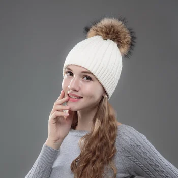 Sieviešu modes pītā bieza ziemas cepures liela izmēra fox pom pom ūdeļu pompoms bieza saglabāt siltāks beanie ziemas cepure