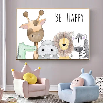 Būt Laimīgs Bērnistaba Istaba Izdrukas Glezna Uz Audekla Dzīvniekiem Hippo Žirafe, Pērtiķis Lauva Plakātu Grafiskās Mājas Dekors Bērniem, Bērnu Istabas