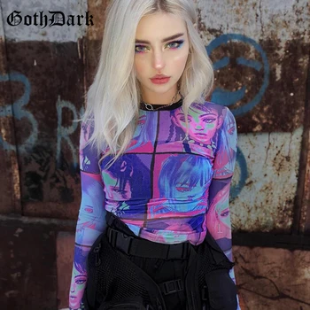 Goth Tumši Y2K E-meitene O-veida Kakla Acs Sieviešu T-Krekls Estētisko Modes Drukāt Vasaras Streetwear Gadījuma T-Krekli Bodycon 90s Šiks 2020