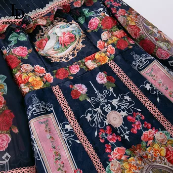 LD LINDA DELLA Modes Dizaineru Rudens Kleita Sieviešu Stand apkakli Grezns Acs Mežģīnes raibs Ziedu Drukāt Vintage Mini Kleita