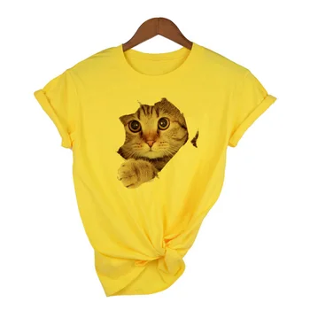 Modes Gudrs 3D Kaķis Drukāt Gadījuma Harajuku T Krekls Vasaras Gadījuma O-veida Kakla Drēbes Top Sieviete Grafiskais Tee Sieviešu Camisas Mujer Kawaii