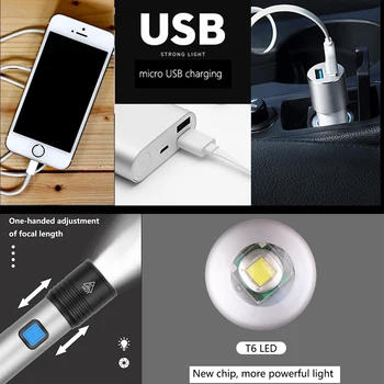 6000LM Lukturīti, USB Uzlādējams kabatas Lukturītis Ūdensizturīgs Lāpu T6 LED Lukturīti Portatīvo Zoom Lukturīti, ar iebūvētu Akumulatoru