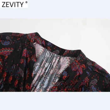 Zevity ir 2021. Sieviešu Vintage Totem Spirāli, Ziedu Apdrukas Krekls, Kleita Lady Šiks V Kakla Puff Piedurknēm Vestido Casual Slim Auduma DS5028