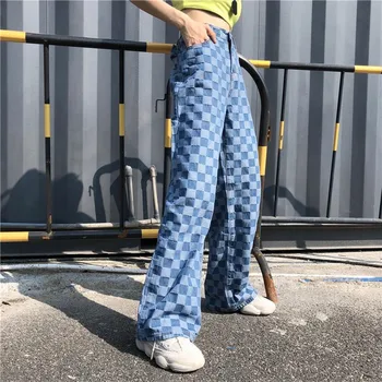 F Harajuku Unisex Bikses Pleds Modelis Ar Augstu Vidukli, Zaudēt Ilgi, Sieviešu Bikses Jaunu Stilu Modes Blue 