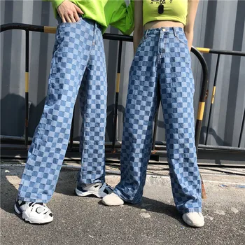 F Harajuku Unisex Bikses Pleds Modelis Ar Augstu Vidukli, Zaudēt Ilgi, Sieviešu Bikses Jaunu Stilu Modes Blue 