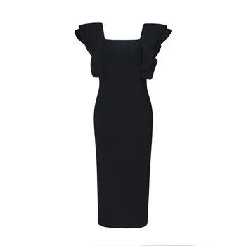 Cietā Pliks Sexy Laukumā Apkakle Melnā Ceļa Garums Pārsējs Kleita 2019 Dizaineru Modes Puse Kleita Vestido