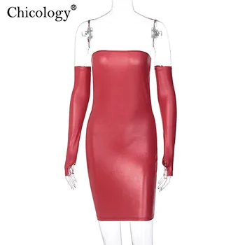 Chicology Pu Ādas Caurules Club Mini Kleita Cimdu Puses Sexy Bodycon Tērpi Sievietēm Y2K Modes Apģērbu Ziemā, Rudenī Dāma Streetwear