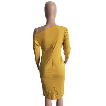 Rudenī Sieviešu Dzeltena Kleita Ar Garām Piedurknēm Slim Slash Kakla Hip Bodycon Vienkrāsainu Ceļa Garums Zīmulis Kleita Āfrikas Apģērbu 2020