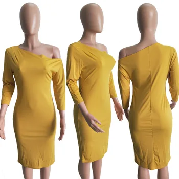 Rudenī Sieviešu Dzeltena Kleita Ar Garām Piedurknēm Slim Slash Kakla Hip Bodycon Vienkrāsainu Ceļa Garums Zīmulis Kleita Āfrikas Apģērbu 2020