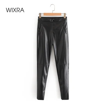 Wixra Sieviešu Pu Bikses Skinny Mākslīgās Ādas Streetwear Augsta Vidukļa Samta Ilgi Zīmuli Bikses Sieviešu Rudens Ziemas