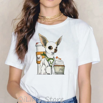 Smieklīgu t kreklu sieviešu modē Chihuahua ēst saldējumu dzīvnieku iespiests t-krekls camiseta mujer kawaii drēbes balts t femme topi