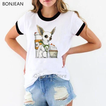 Smieklīgu t kreklu sieviešu modē Chihuahua ēst saldējumu dzīvnieku iespiests t-krekls camiseta mujer kawaii drēbes balts t femme topi