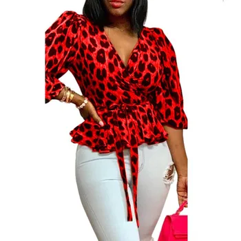 Vasaras 2020. Gadam Leopards Drukāt Blūze Sexy Krekls Ar V Veida Kakla Mežģīnes Up Augsta Vidukļa Sievietēm, Topi Biroja Krekli Dāmas Blūzes Retro Modes
