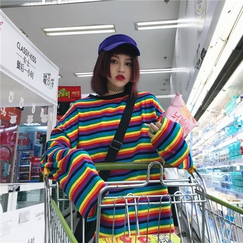 Harajuku 2019 Jaunākās Sieviešu Krekls Varavīksnes Svītrainām Korejiešu Stilā, Saskaņojot Tērpiem Zaudēt Modes Topi, Sieviešu