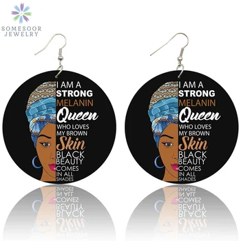 SOMESOOR Iespiesti Black Beauty HBCU Karaliene Āfrikas Koka Piliens Auskari Spēcīgu Melanīna Afro Koka Kulons Rotaslietas, Dāma Sievietēm Dāvanu