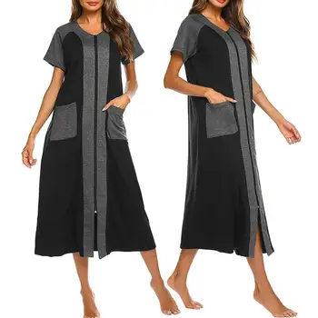 Ir 2021. Drēbes Sievietēm, Kokvilnas Nightshirt Sievietēm ar Īsām Piedurknēm Rāvējslēdzēju Garš Naktskrekls Dāma Sleepwear Nightdress ar Kabatām pyjama femme