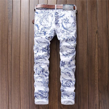 Pavasarī, Vasarā 2019 Modes Cilvēks Ziedu Slim Jeans Vīriešu Balts Zils Apdrukāta homme hombre Jean Streetwear Personas Pārsteidzošs bikses