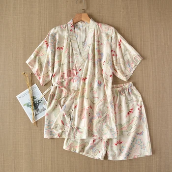 Sieviešu Vasaras Plānas Īsām Piedurknēm Bikses, Pidžamas Zaudēt Kimono Pijama Mujer Atpūtas Drukāšanas Sleepwear Atdzist Ērti Gabals 2