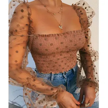 ASV Sieviešu Acu Milzīgais Puff Piedurknēm Vintage Polka Dot Krekls Dāmas Zaudēt Top Blūze