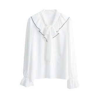 Modes Apģērbu 2020. gadam korejiešu Stila Rudenī, Jaunā V-veida kakla Blusas Femininas Elegante garām Piedurknēm tīrtoņa Krāsu Šifona Kreklu 220.A