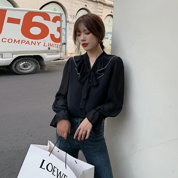 Modes Apģērbu 2020. gadam korejiešu Stila Rudenī, Jaunā V-veida kakla Blusas Femininas Elegante garām Piedurknēm tīrtoņa Krāsu Šifona Kreklu 220.A