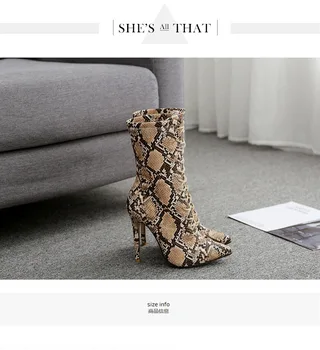Sievietes potītes zābaki čūska drukāt toe apavi ar augstiem papēžiem, sieviešu zābaki, kurpes puse