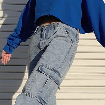 Augstas starām. multi-kabatas raibs augstas starām. džinsi dāmas streetwear taisni džinsi Jean Femme zilas kokvilnas (dungriņi)