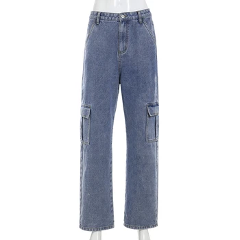 Augstas starām. multi-kabatas raibs augstas starām. džinsi dāmas streetwear taisni džinsi Jean Femme zilas kokvilnas (dungriņi)
