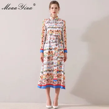MoaaYina Modes Dizainera kleita Pavasara Vasaras Sieviešu Kleita ar garām piedurknēm Holiday Beach Drukāt Kleitas