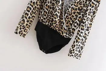 Sieviešu sexy dziļu v veida kakla leoparda drukas melni raibs bodysuits sieviešu krekls ar garām piedurknēm siāmas blūze ikdienas topi LS2592