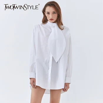 TWOTWINSTYLE Raibs Gadījuma Balts Krekls Sievietēm Stand Apkakli, garām Piedurknēm Zaudēt Blūze Sieviešu 2020 Rudens Modes Jaunas Drēbes
